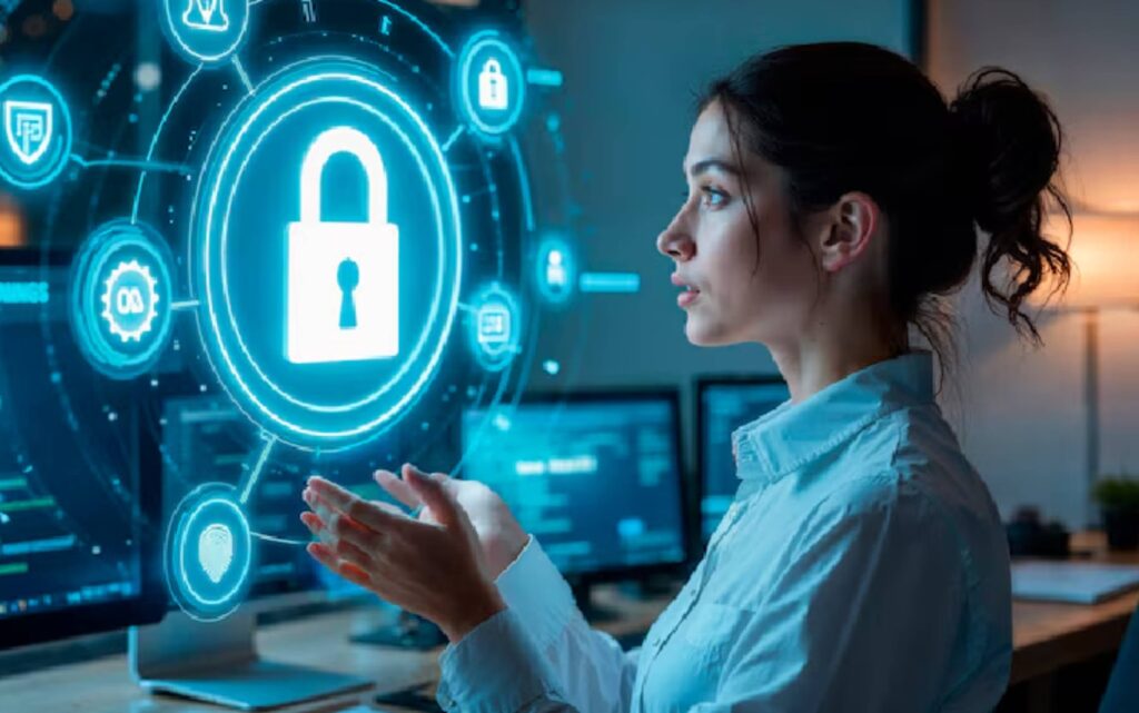 A person in a blue shirt interacts with a holographic lock symbol and security icons, surrounded by computer screens in a dimly lit room.