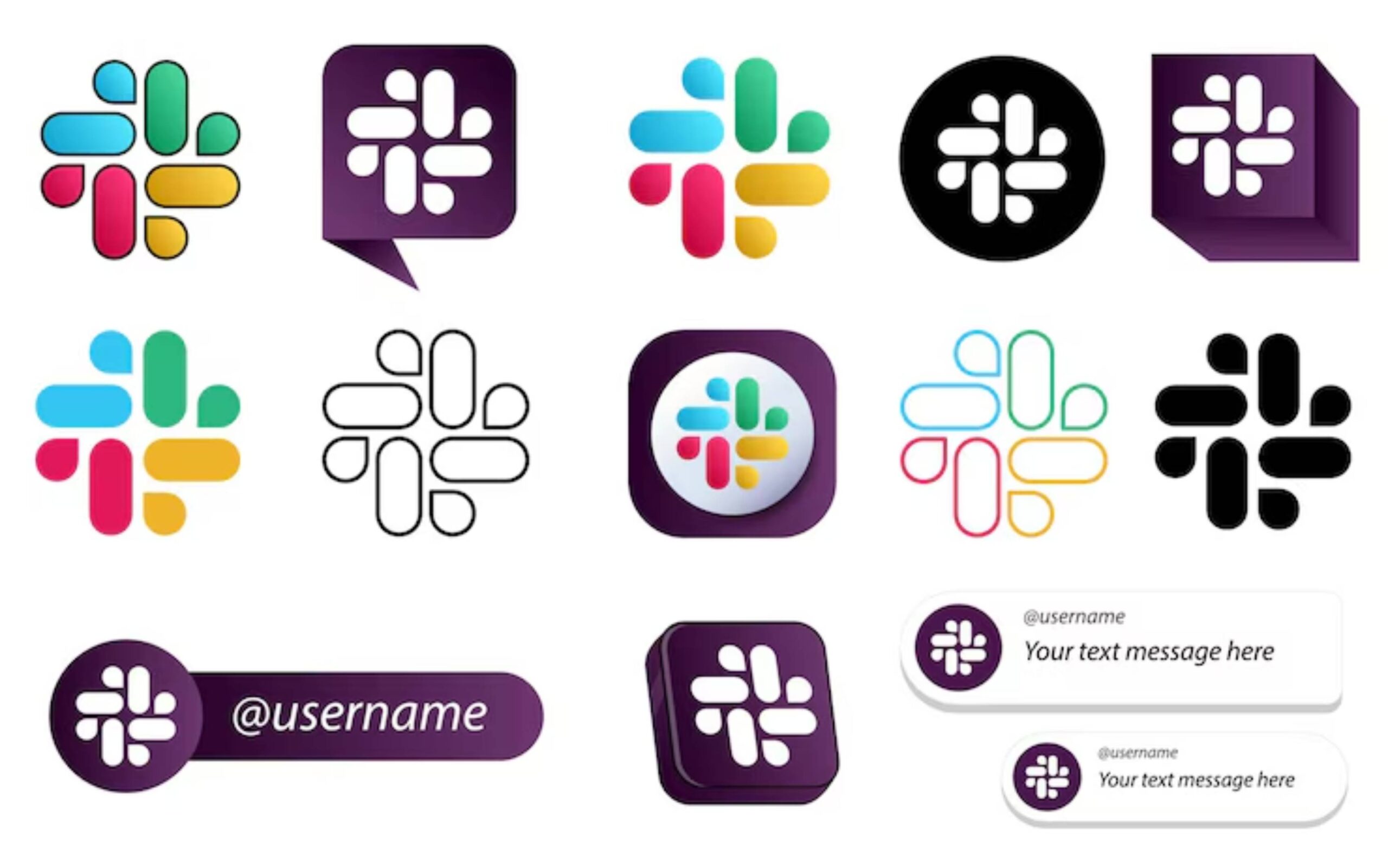 A collage of various Slack logo designs in different colors and styles, including a username placeholder.