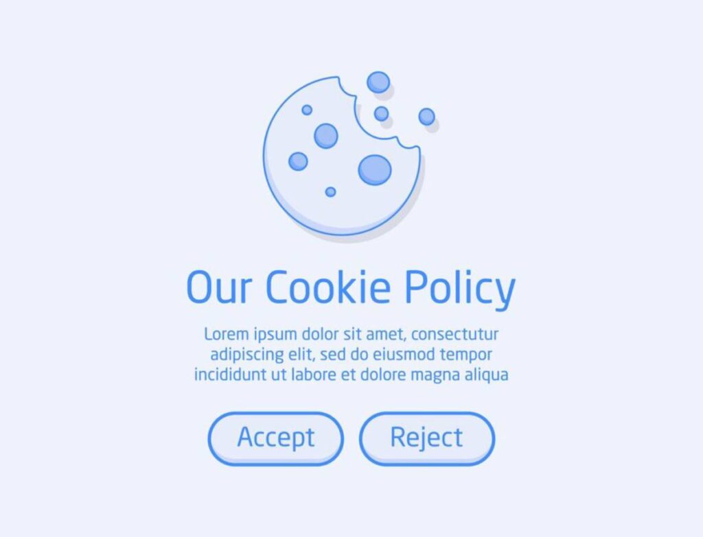 A light blue cookie policy popup featuring a bitten cookie graphic, with options to Accept or Reject cookies.