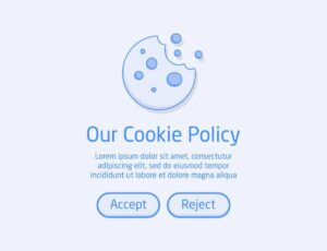 A light blue cookie policy popup featuring a bitten cookie graphic, with options to Accept or Reject cookies.