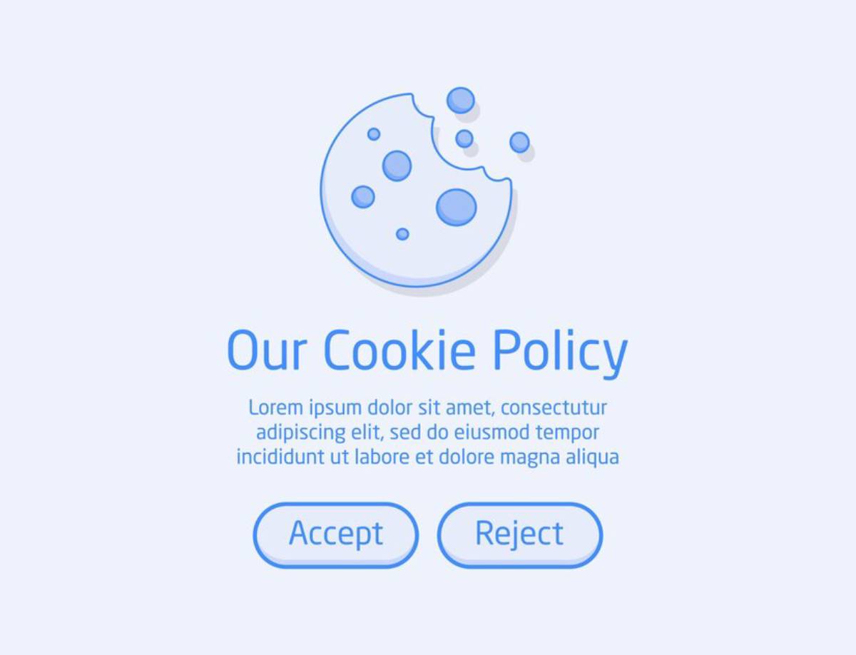 A light blue cookie policy popup featuring a bitten cookie graphic, with options to Accept or Reject cookies.