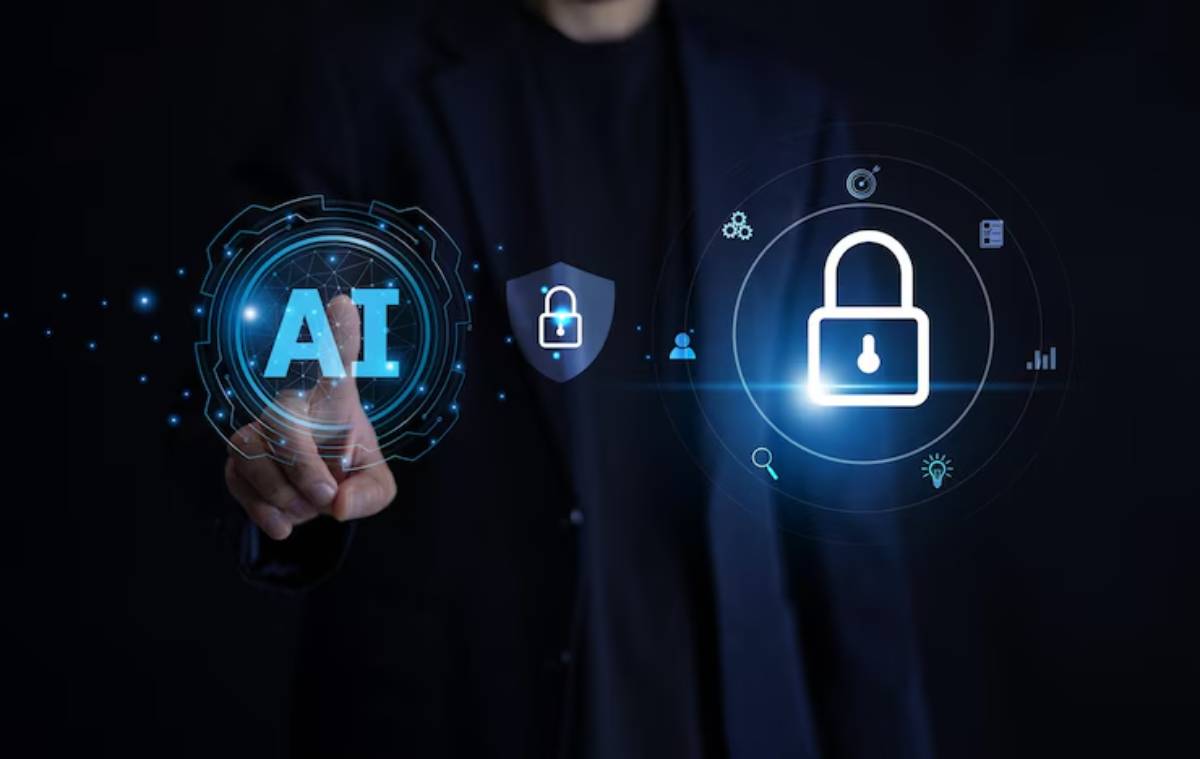 A businessman interacts with glowing AI and security icons, symbolizing the intersection of artificial intelligence and cybersecurity.