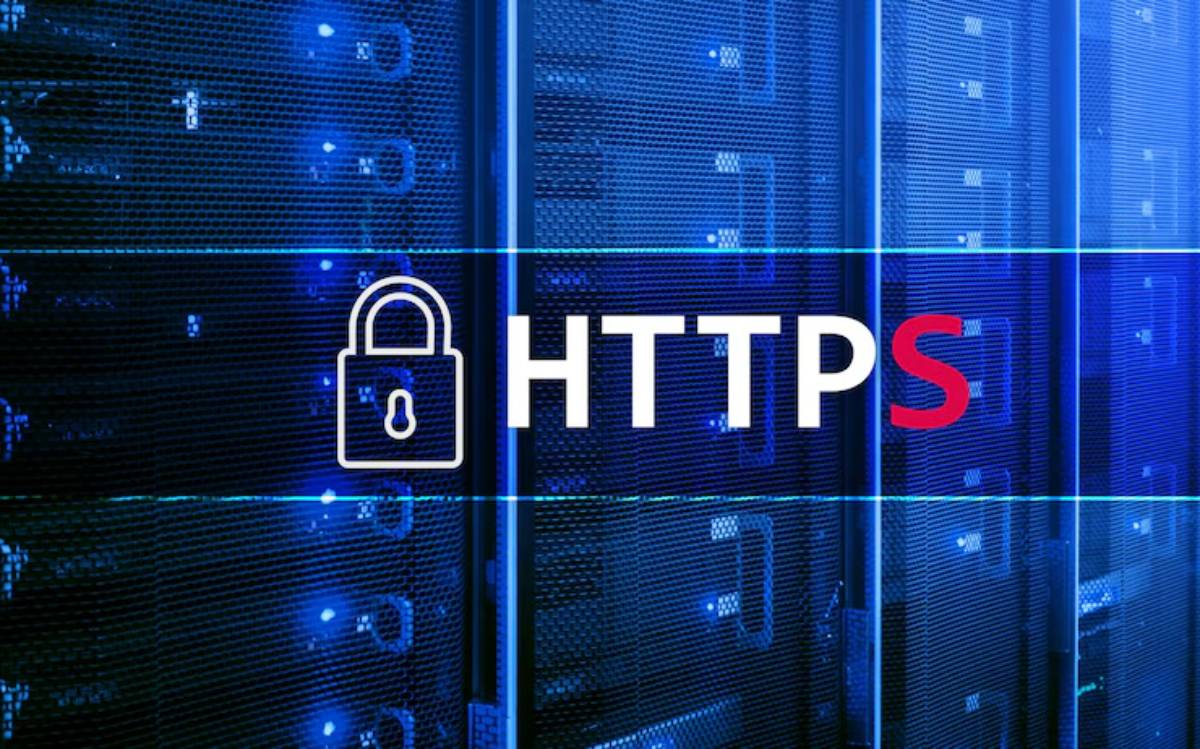 A blue-toned background features server racks with the word HTTPS in white, a padlock icon symbolizing internet security.