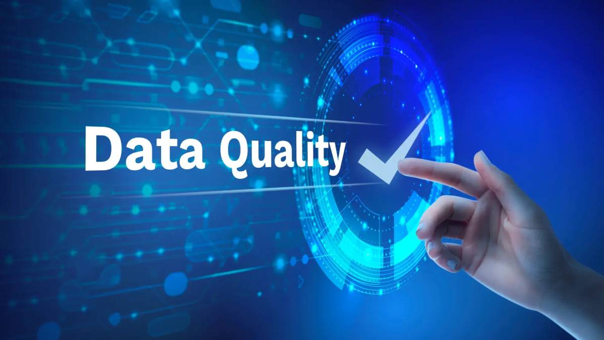 A hand points to the phrase Data Quality alongside a blue digital interface featuring a checkmark, symbolizing data verification.
