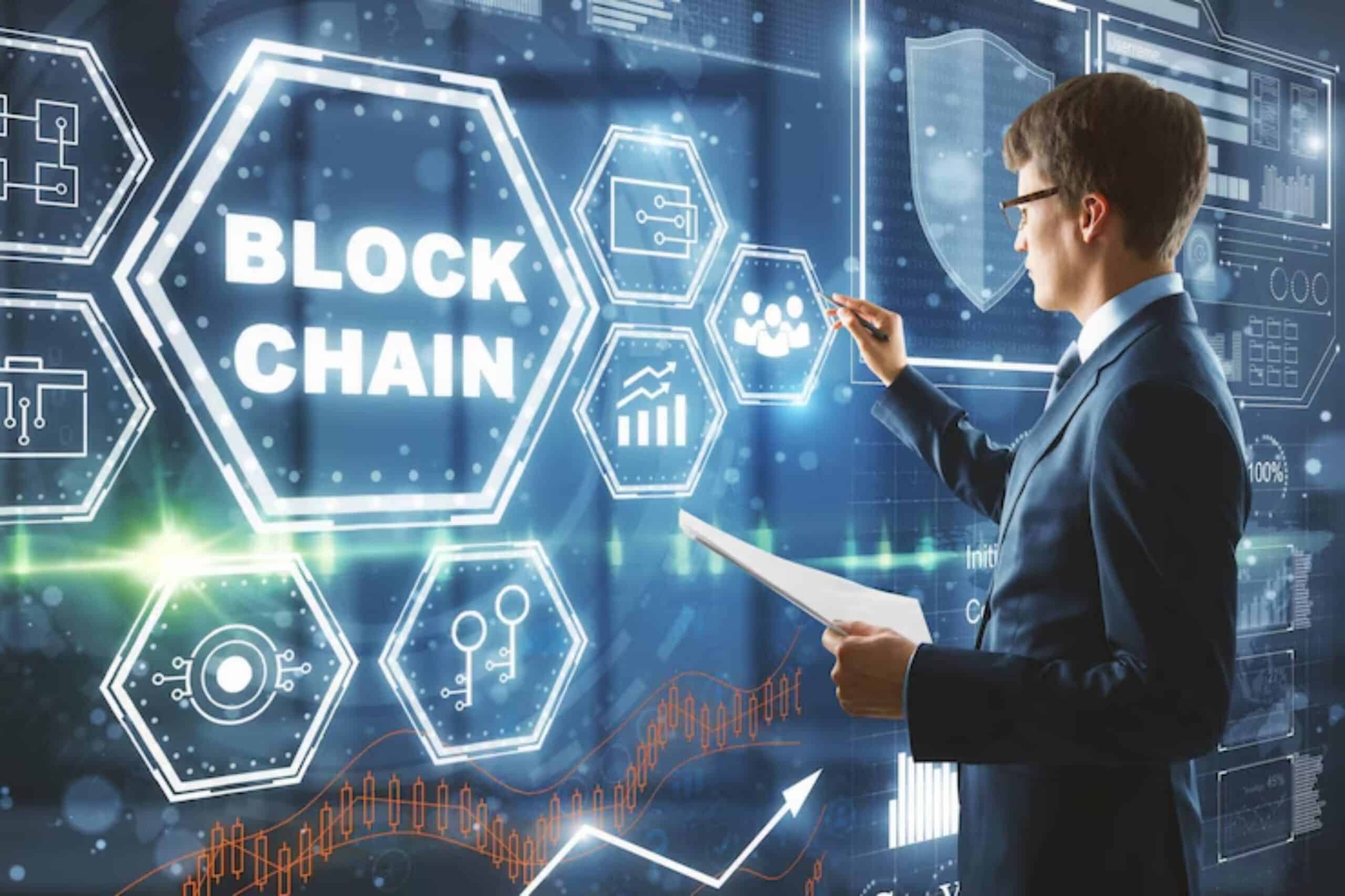 A professional in a suit interacts with a digital display showcasing blockchain technology and various data analytics graphics.