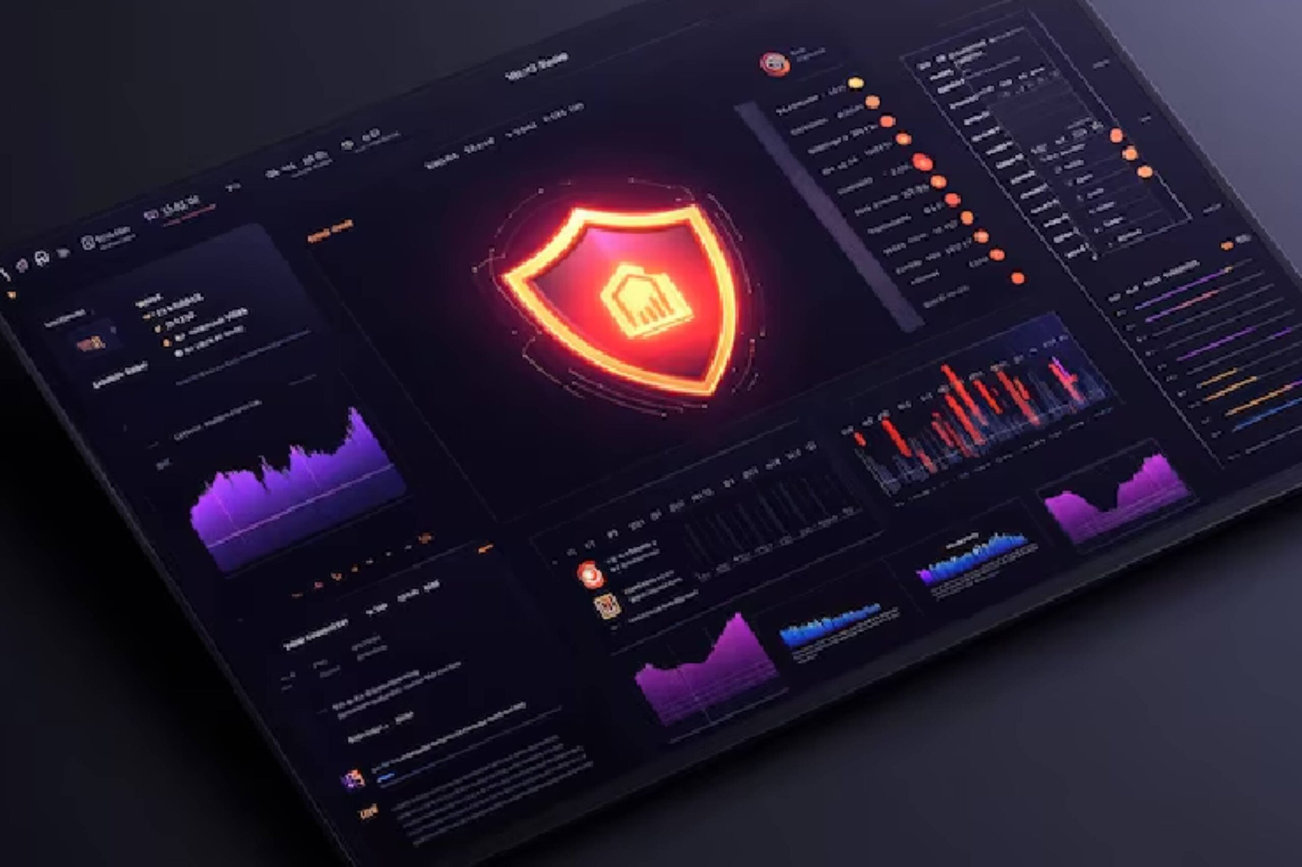 A sleek dark-themed dashboard displaying cybersecurity metrics, featuring a glowing shield icon, graphs, and data analytics.