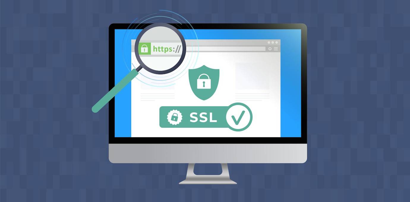 A computer screen displays a magnifying glass over https:// with security icons, emphasizing online safety and SSL certification.