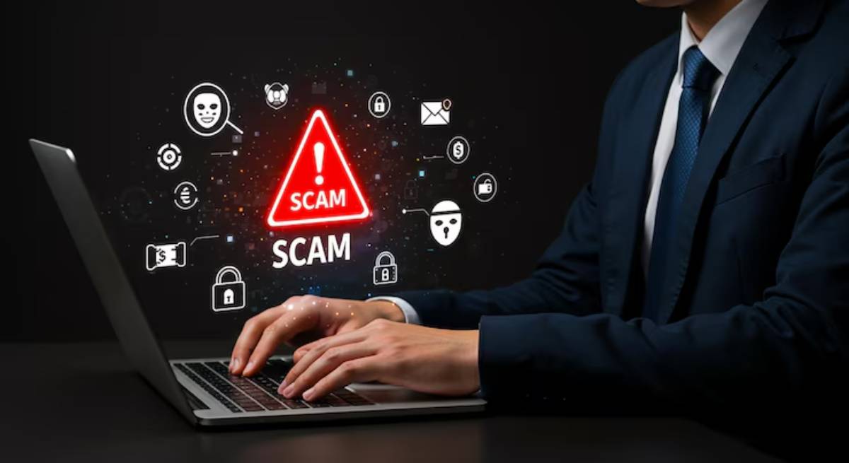 A businessman types on a laptop, surrounded by icons warning of online scams, highlighted by a red SCAM alert.