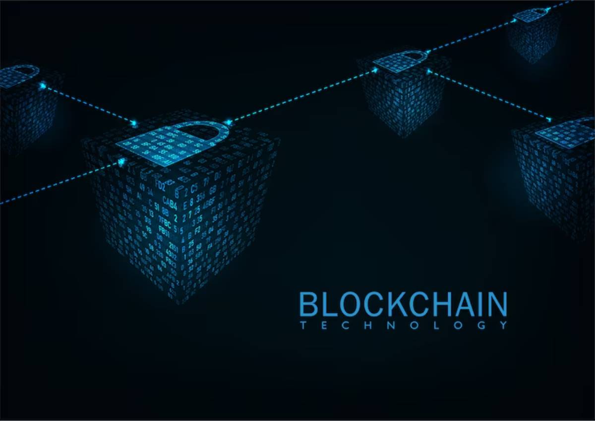 Abstract digital representation of blockchain technology with interconnected data blocks and padlocks, emphasizing security and innovation.