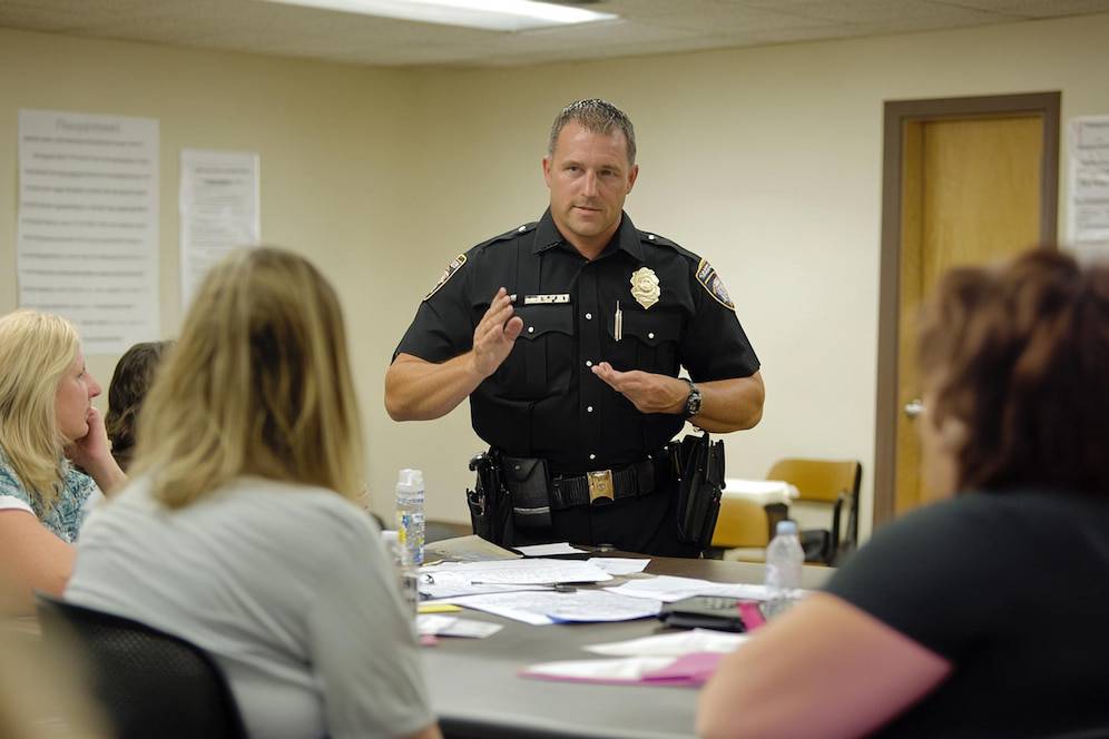 A police officer stands at a table, gesturing as he speaks to a group of attentive individuals during a community meeting. Papers and drinks are on the table.