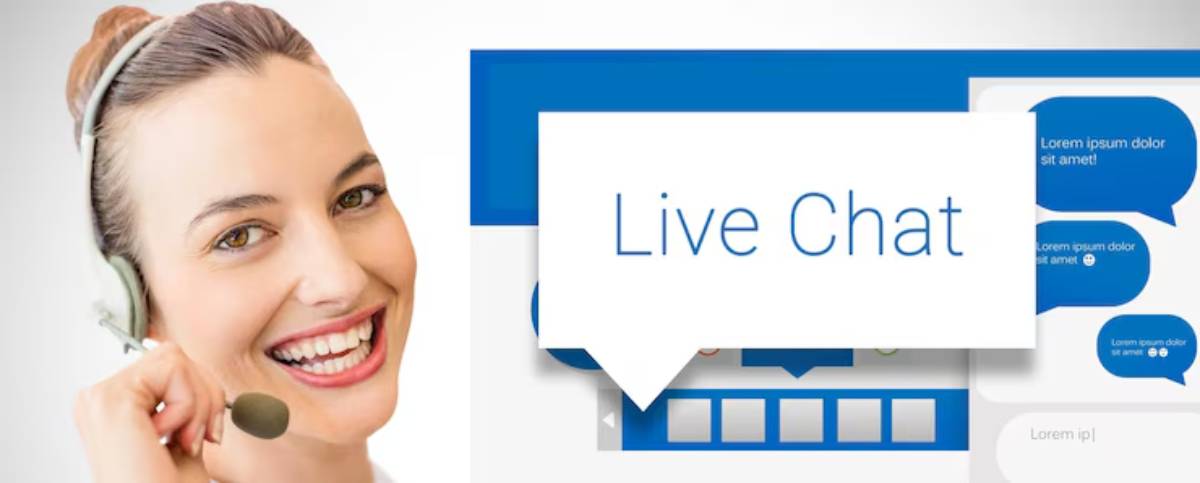 A customer service representative wearing a headset, alongside a live chat interface featuring blue chat bubbles and a conversation layout.