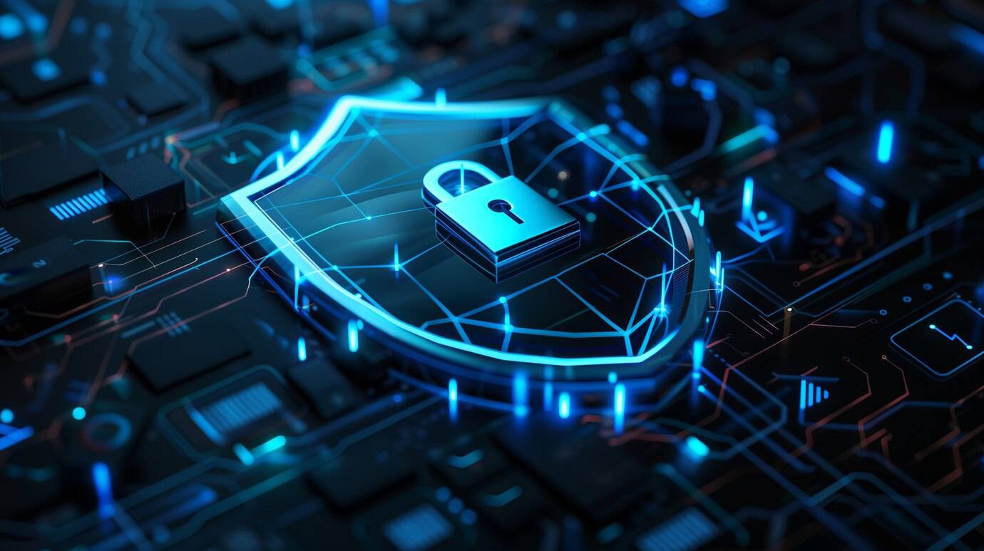 A glowing blue shield with a padlock, set against a dark circuit board background, symbolizes digital security and protection.