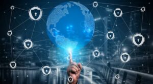 A digital world map highlighting cybersecurity with padlocks and network connections, set against a blurred indoor background.