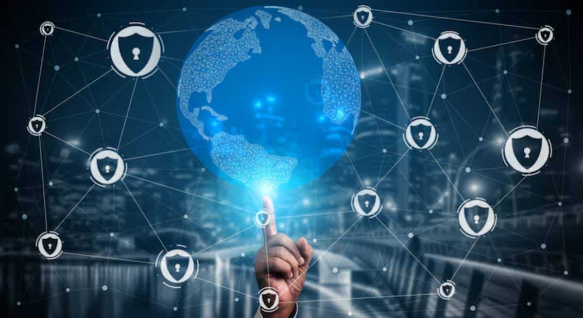 A digital world map highlighting cybersecurity with padlocks and network connections, set against a blurred indoor background.