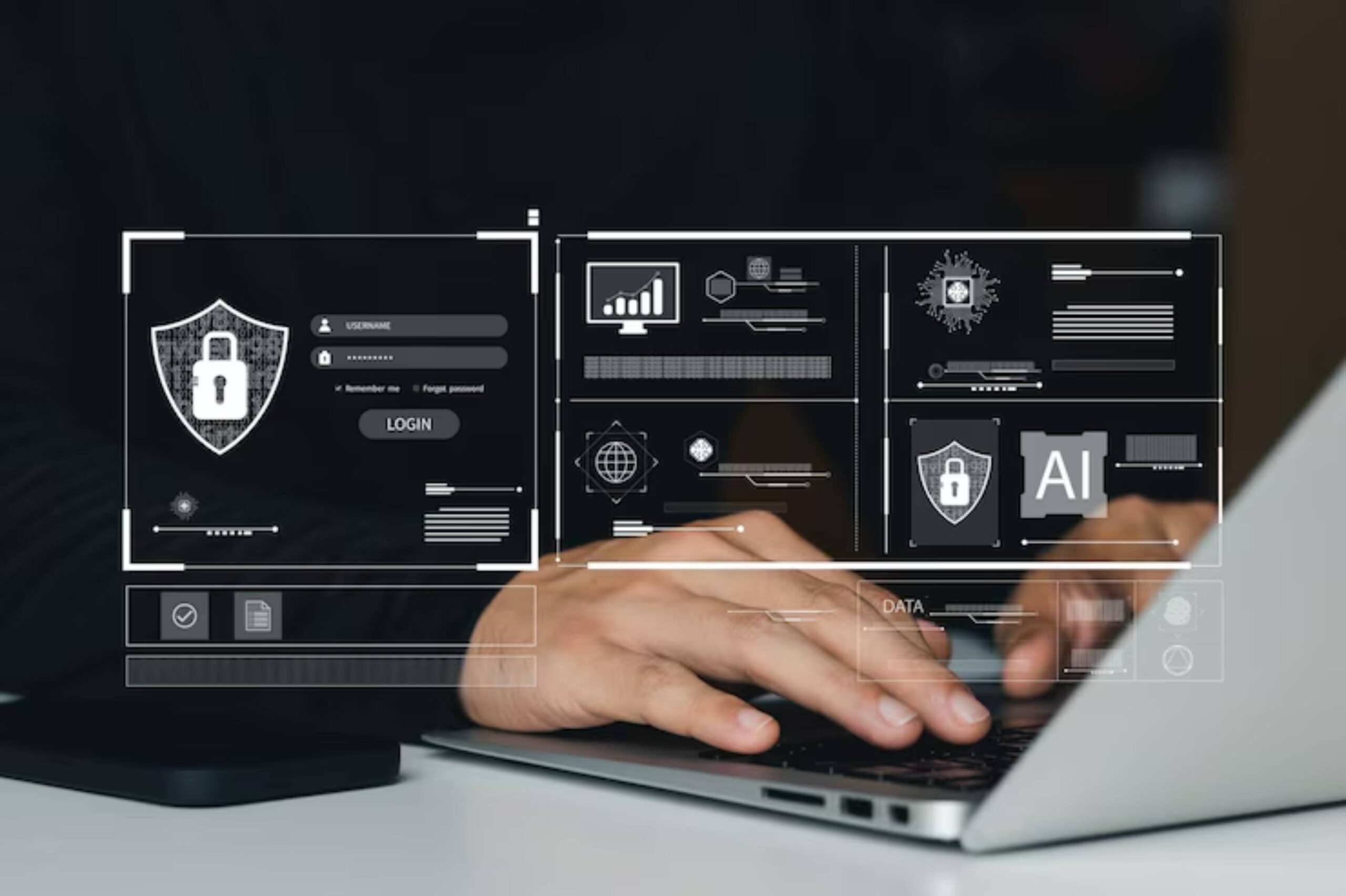 A person types on a laptop with a digital security interface displaying login fields and data analytics graphics.
