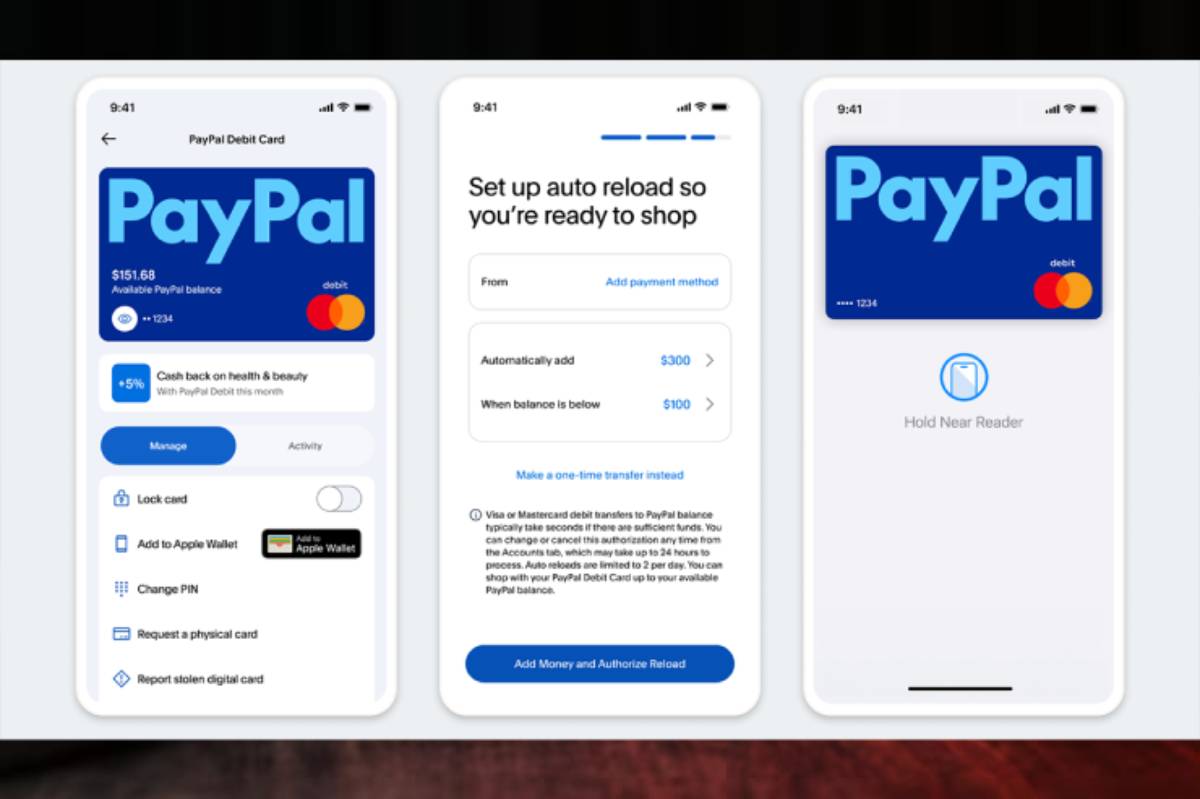 the PayPal app showing a debit card balance, auto-reload settings, and options for managing the card.