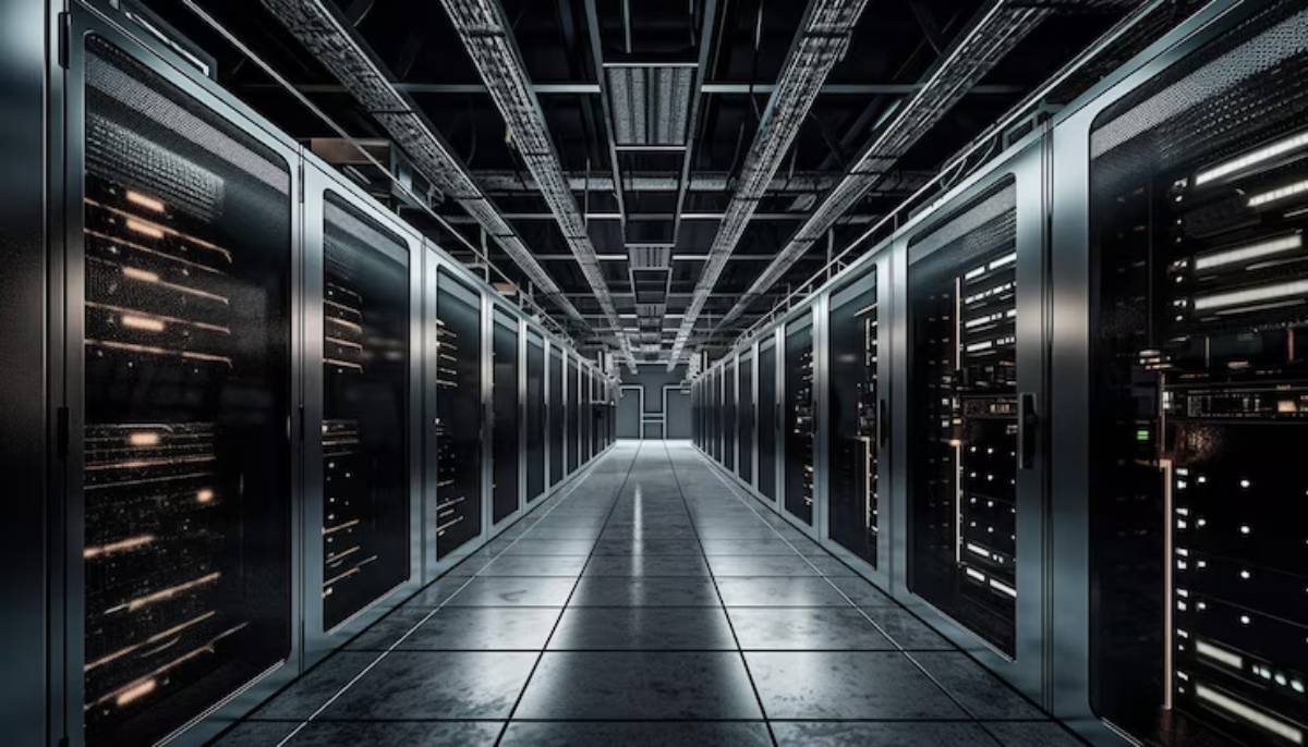 A modern data center corridor lined with sleek server racks, illuminated by overhead lights and supported by industrial ceiling infrastructure.