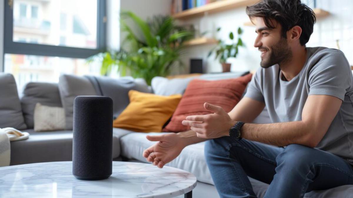 A smart speaker with touch controls sits on a kitchen counter beside two smartphones, surrounded by modern kitchen decor.