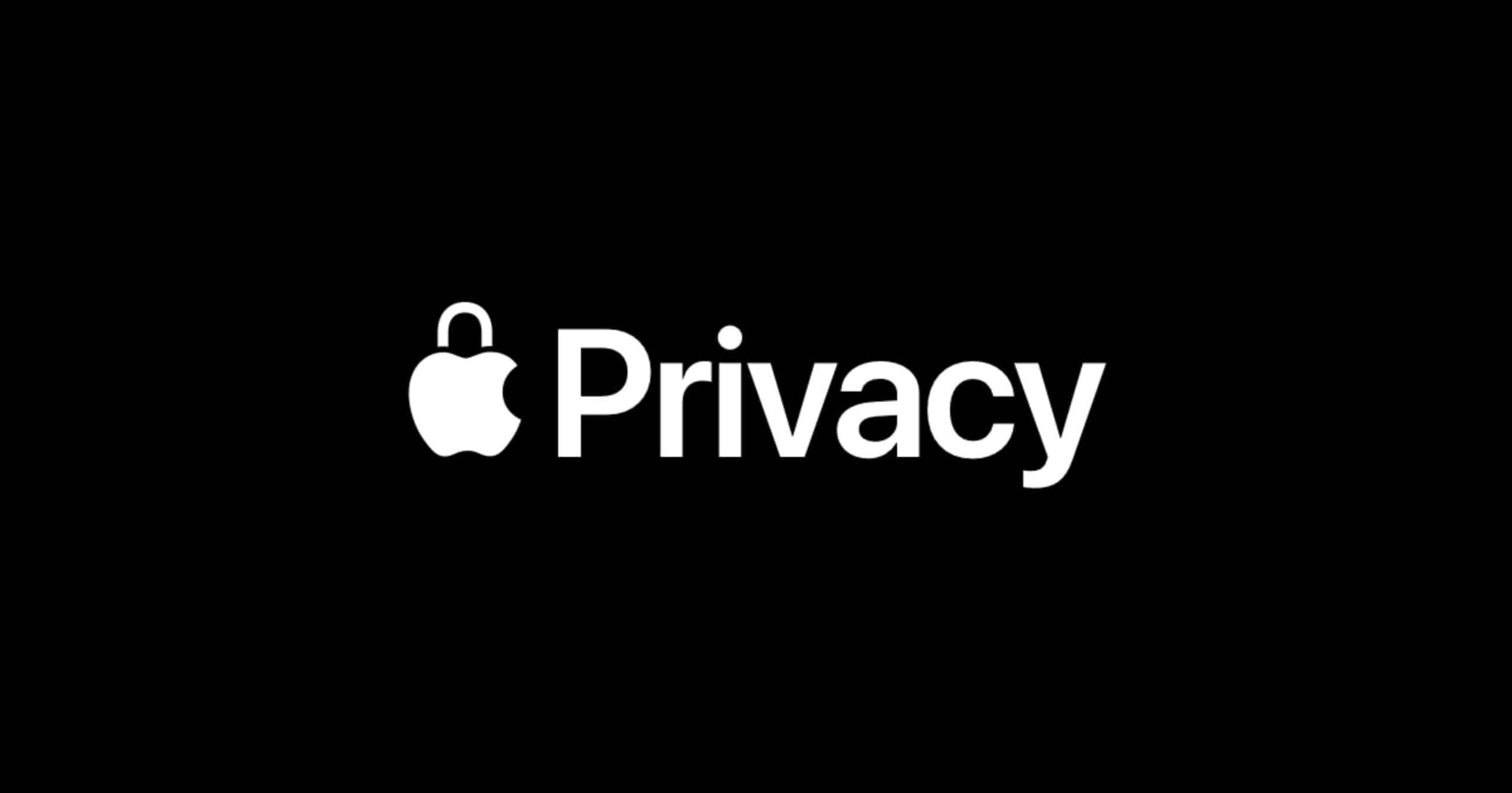 Apple logo with a padlock, accompanied by the word Privacy in white text on a black background, emphasizing security and protection.