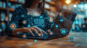 A woman types on a laptop surrounded by digital shopping and security icons, representing e-commerce and online transactions.