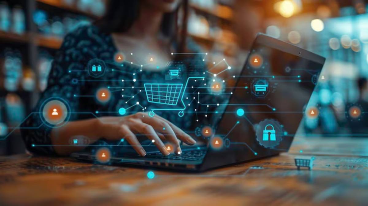 A woman types on a laptop surrounded by digital shopping and security icons, representing e-commerce and online transactions.