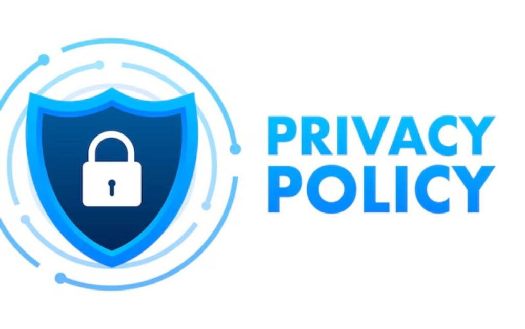 Graphic featuring a shield with a padlock, accompanied by the text Privacy Policy in bold blue letters on the right.