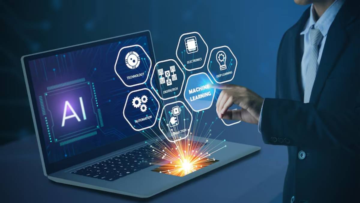 A businessperson interacts with a laptop displaying AI concepts like machine learning and automation, glowing with digital elements.