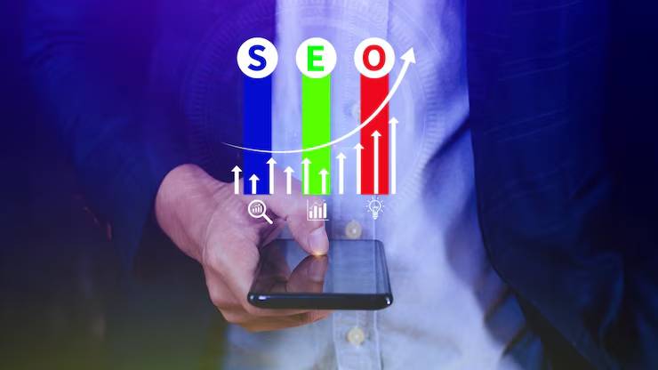 A person holding a smartphone with an SEO growth graph overlay, indicating upward trends in digital marketing performance.