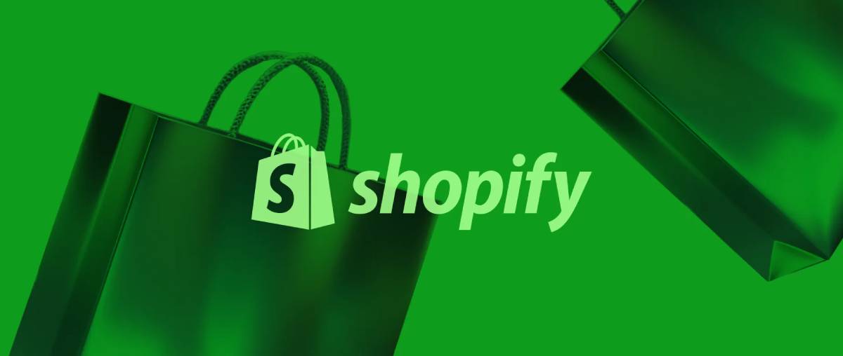 Green background featuring shopping bags with the Shopify logo and name, representing online retail and e-commerce solutions.