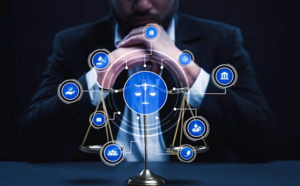 A businessman contemplating legal balance, with digital icons of law and justice around a central scale symbolizing fairness and ethics.