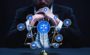 A businessman contemplating legal balance, with digital icons of law and justice around a central scale symbolizing fairness and ethics.