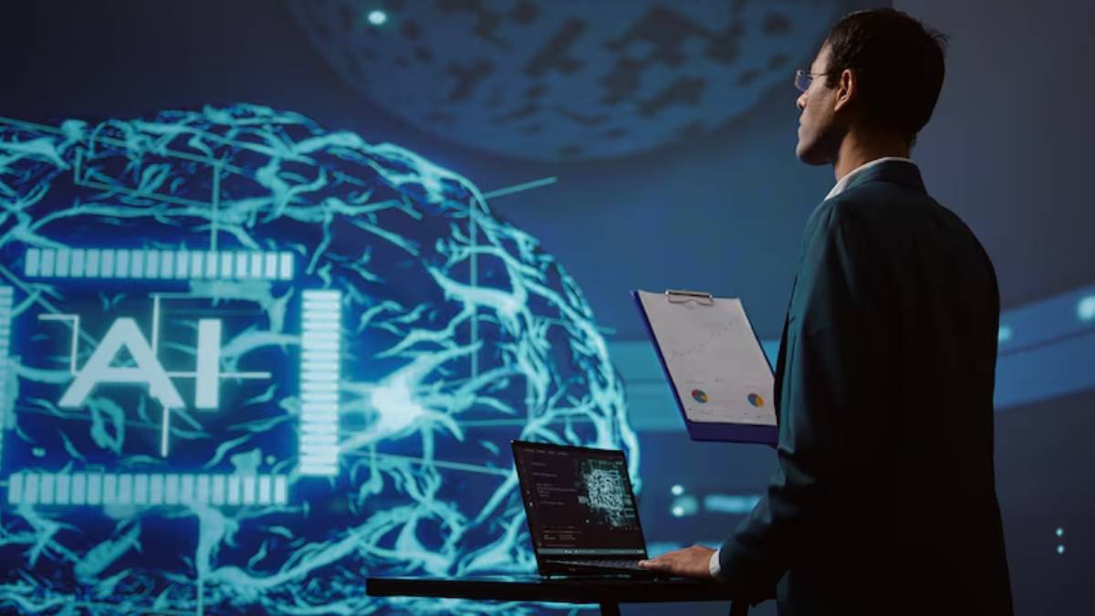 A professional stands before a glowing blue neural network visualization, holding a clipboard and using a laptop, engaged in AI analysis.